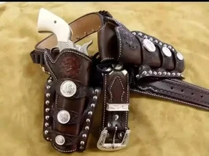 Gun 2 Holster Belt Leather Revolver Pistol Tooled .22 .38/357 .44/45 Cal Western - Picture 1 of 5