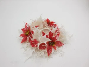 Vintage Candle Ring Christmas Wreath Poinsettias Holly White,  Red, and  Glitter - Picture 1 of 3