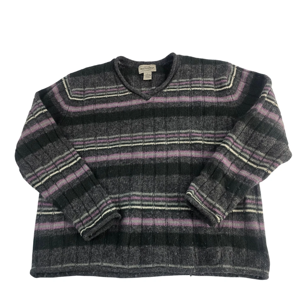 Suéter Sonoma Mujer Rayas Lana Cuello en V Gris Púrpura Crema Tejido Grande Foto 1 de 4