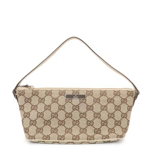 GUCCI Boat Bag GG Canvas Leather Pouch Hand Bag Beige Brown 07198 Auth Used F/S - Picture 1 of 22