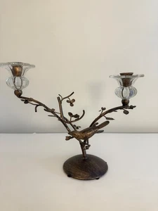 Rustic Bird Branch Candle HolderW/GlassCups-2Arm Metal Nature Decor .Pre-owned. - Picture 1 of 5