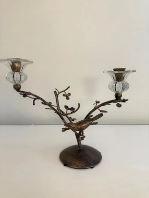 Rustic Bird Branch Candle HolderW/GlassCups-2Arm Metal Nature Decor .Pre-owned. - Image 1 of 4