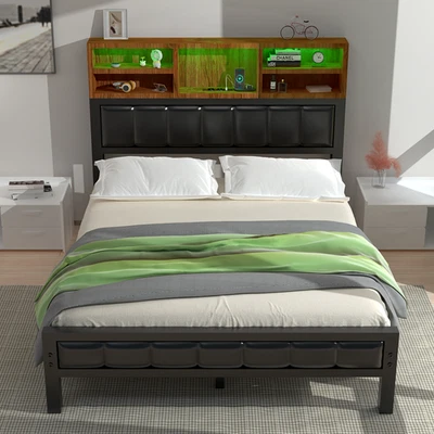 Metallbett 140x200 Doppelbett mit USB Ladestation, Bettgestell LED Stauraum Bett - Bild 1 von 4