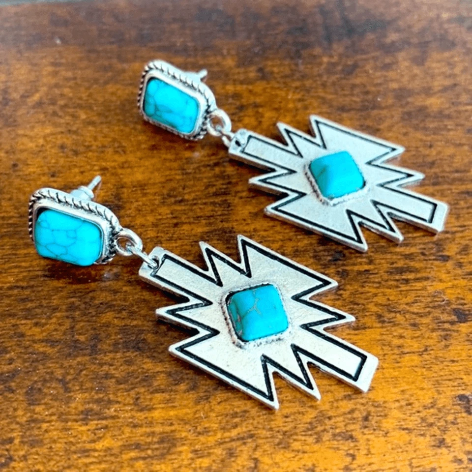 Pendientes colgantes unisex turquesa y plata Southwest se encuentra con estilo geométrico azteca Foto 1 de 4