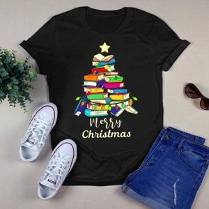 Merry Christmas Xmas Book Tree Light Gift Book Lover Tshirt - Picture 1 of 1