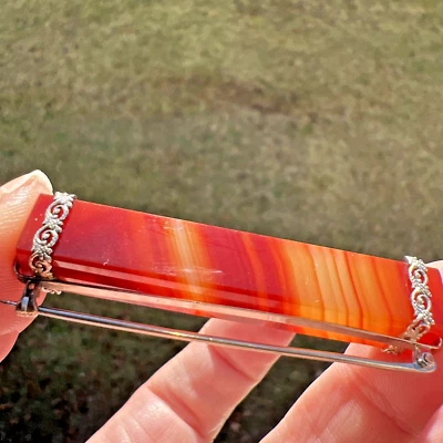 ANTIQUE EDWARDIAN VICTORIAN BANDED AGATE 14K WHITE GOLD  BROOCH 52 mm - Image 1 of 4