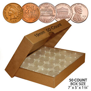 50 PENNY Direct-Fit Airtight 19mm Coin Capsule Holder PENNIES (QTY: 50) with BOX
