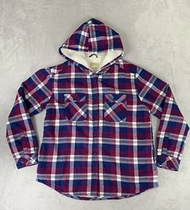 Boston Traders Jacket Womens sz L Flannel Sherpa Lined Hooded Purple Plaid - Picture 1 of 11