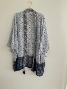 Christopher & Banks Floral Drawstring Kimono Duster Size L/XL. Blue White - Picture 1 of 2