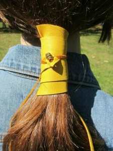 Leather Ponytail Holder Hair Wrap Jewelry Cuff Tie Accessory Yellow Gold Bead - Picture 1 of 20