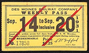 Des Moines Railway Company 1931 Sept. Weekly Pass Fare Ticket #17858 - Bild 1 von 2
