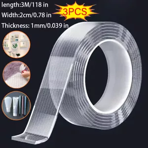3PCS Strong Adhesive Double Sided Tape Heavy Duty,Super Clear Thin Two Sided - Picture 1 of 13