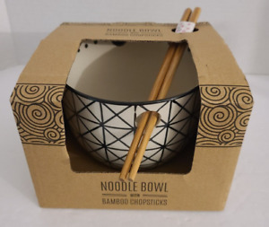 Black Geo Ceramic Noodle Ramen Bowl with Bamboo Chopsticks Holder Boxed Set