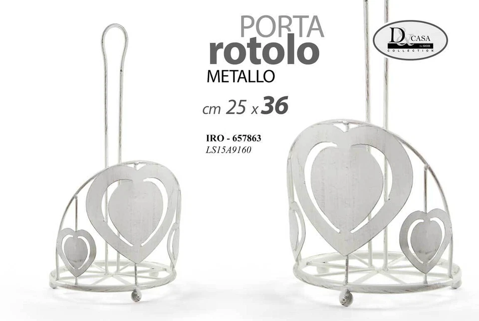 PORTAROTOLO 31 CM TAVOLA CUCINA METALLO BIANCO CUORE SHABBY CHIC - Immagine 1 di 1