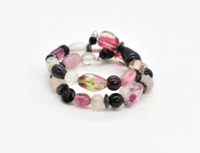 Pulsera envolvente de 2 hilos con cuentas de ágata lucita esmerilada de trabajo lámpara rosa vidrio negro de 6" Foto 1 de 4