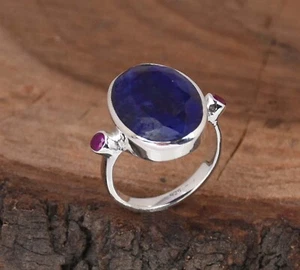 Anillo facetado de zafiro azul indio forma ovalada joyería bohemia para ella - Imagen 1 de 7
