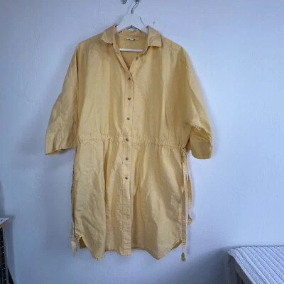 Uniqlo Womens Yellow Linen Blend Button-Down Drawstring Waist Shirt Dress Large - Image 1 of 4