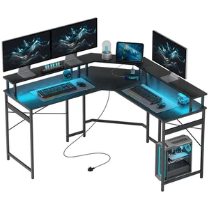 HOMCOM L Shaped Desk Corner Computer Desk with Monitor Stand, Black - Picture 1 of 11
