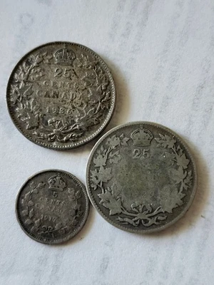 1929 and 1936 Canadian quarter w/ dot, plus a 1917 Canadian 5 cent, all silver. - Image 1 of 3