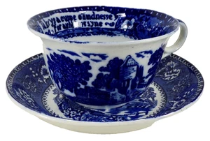 Flow Blue Cup & Saucer Take Ye A Cuppa o'Kindnesse for Auld Lang Syne Oversized - Picture 1 of 14