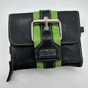 Cartera vintage l.e.i triple pliegue Y2K cuero negro verde rayas cremallera hebilla - Imagen 1 de 7
