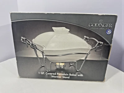 Godinger 1-Quart Covered Porcelain Baker Chrome Plated Server Warmer Stand - Image 1 of 4