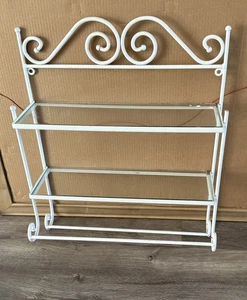 VINTAGE METAL BATHROOM SHELF TOWEL RACK Glass Shelves White Painted - Picture 1 of 12