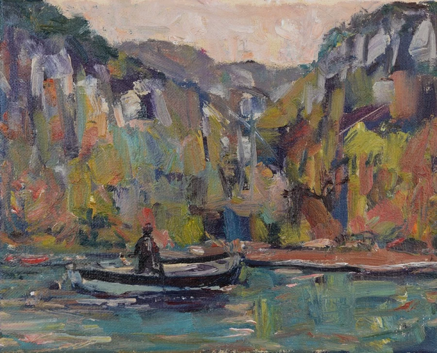 Художественная оригинальная картина маслом RM Mortensen «River Bluffs» рыболовная лодка рыболов - Изображение 1 из 1