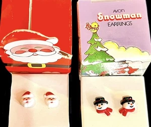 1980’s Avon Christmas Girl’s SANTA & SNOWMAN Stud Piercing EARRINGS Vintage NOS - Bild 1 von 3