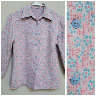 Camisa Vintage Años 60 70 Mujer M Rosa Azul Floral Elastizada Mod Retro Única Linda Foto 1 de 4