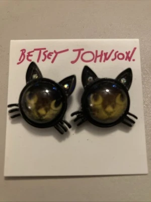 Pendientes Betsey Johnson Creepshow Negro Burbuja Gato 3D Cara Lucita Cúpula Nuevos en Paquete Foto 1 de 3