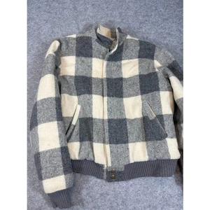 Vintage Woolrich Buffalo Plaid Bomber Jacket Mens M Gray Cream Wool Cozy Outdoor - Picture 1 of 4