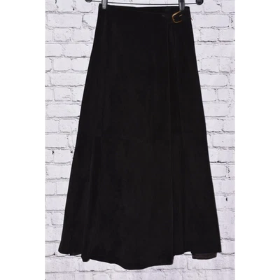 Maxi falda envolvente Bushwacker U.S.A de cuero negro gamuza línea A de la década de 1980 talla 8 Foto 1 de 4