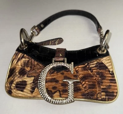 RARE Vintage Monogram Guess Black & Brown Animal Print Patent Leather Y2K Bag - Image 1 of 4