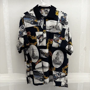 Kalaheo WW2 Ships Planes Bombers Floral Black Hawaiian Camp Shirt Mens Size L - Picture 1 of 10