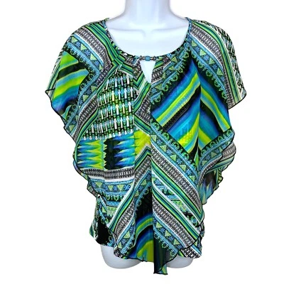 Blusa Studio Works Bohemia Azul Verde Geométrica Cuentas Escote Pequeña  Foto 1 de 4