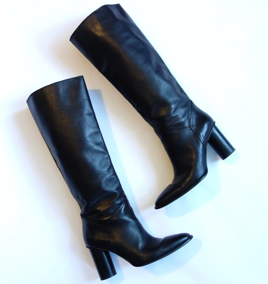 ZARA tall knee-hi black genuine leather round block heel BOOTS womens 8 39 - Image 1 of 4