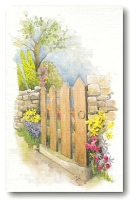 HUGHES & COLEMAN/BLOSSOMS & BOWS Cottage Garden gate Birthday Card With Bible Text - Psalm 37:4 - EB8043