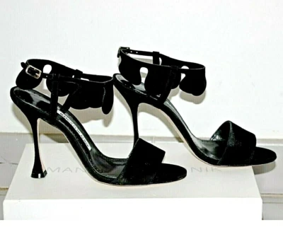 Manolo Blahnik Ondapla 105 Sculptural Heel Black Circle-Cut Suede Sandal sz 37.5 - Image 1 of 4