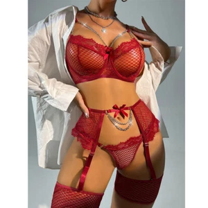 Sexy Fishnet Lingerie Women Lace Bra G-String Set Nightwear Babydoll Sleepwear - Picture 1 of 17