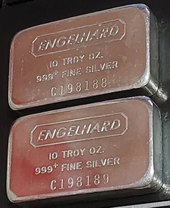 ✰ Lot of 2 Sequential Serial # Vintage Pressed ENGELHARD 10 OZ Silver Bars ✰ - Picture 1 of 3