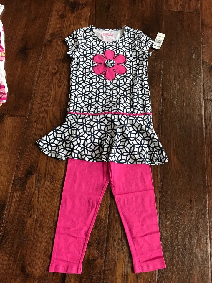 全新 Flapdoodles 2 件海军蓝/热粉色/白色女孩套装 12 码 — 第 1/1 张图片