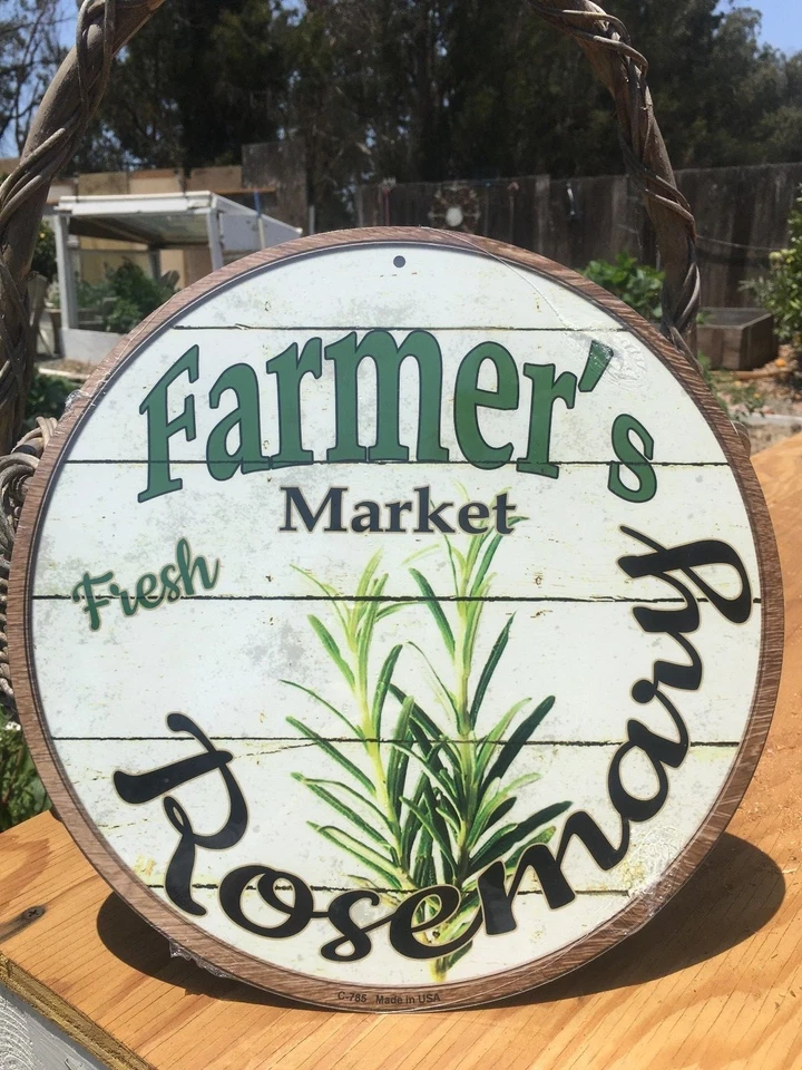 Farmers Market Fresh Rosemary Round Sign Tin Vintage Garage Bar Decor Old Rustic - Image 1 of 1