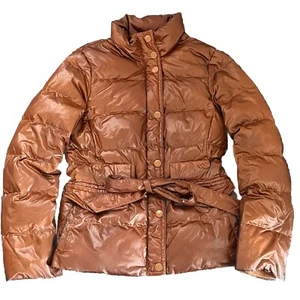 J. Crew Puffer Jacket Coat Brown Faux Leather Women’s S Down Feather Belted - Imagen 1 de 5
