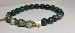 Natural Gemstone Moss And Tree Agate With Heather Shape Hematite Beaded Bracelet - Picture 1 of 11