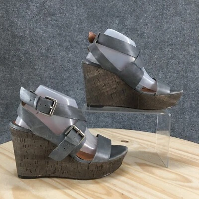 Nine West Sandals Womens 5.5 M Slingback Gray Leather Buckle Strap Wedge Heels - Image 1 of 4