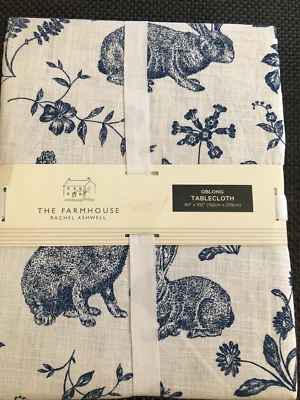 Rachel Ashwell Farmhouse RABBITS Blue & White Toile 60 x 102" Tablecloth --NWT - Image 1 of 3