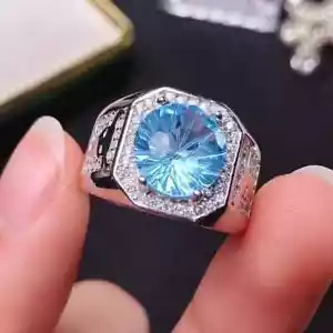 3Ct Round Lab-Created Aquamarine Men's Wedding Ring 14k White Gold Plated Silver - Picture 1 of 10