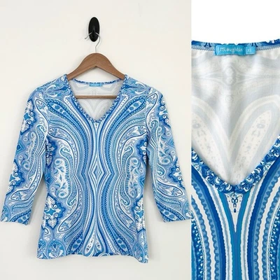 Blusa J. Mclaughlin XS Azul Blanco Multicolor Paisley Catlina Tela Manga 3/4 Foto 1 de 4