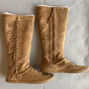 UGG Mammoth Moccasin Boots Chestnut Sz 10 Suede Leather Fringe Knee High 1008812 - Picture 1 of 19